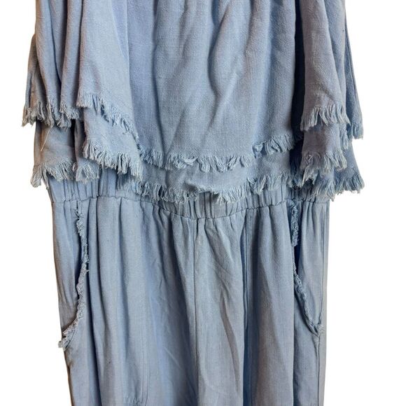Umgee Light Blue Linen Cotton Blend Wide Leg Jumpsuit W/Pockets Size Medium NEW - Picture 3 of 6
